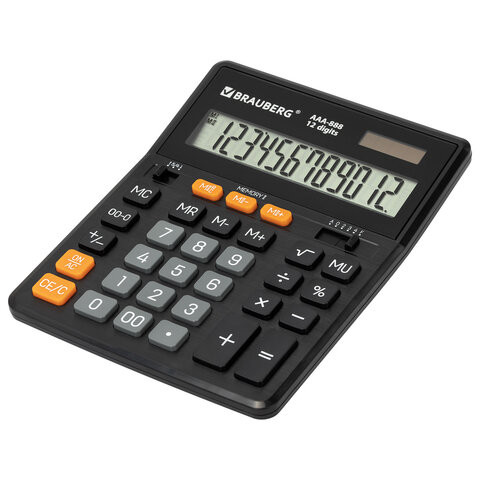 Калькулятор настольный BRAUBERG AAA-888 (202×159 мм), 12 разрядов, ЧЕРНЫЙ, двойное питание