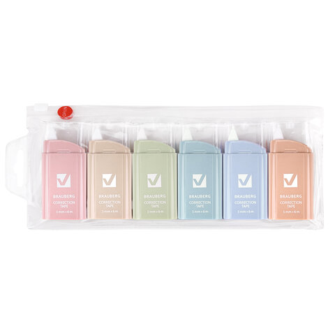 превью Корректирующая лента BRAUBERG COMPACT PASTEL5 мм х 6 мКОМПЛЕКТ 6 штукпенал с zip-lock272496