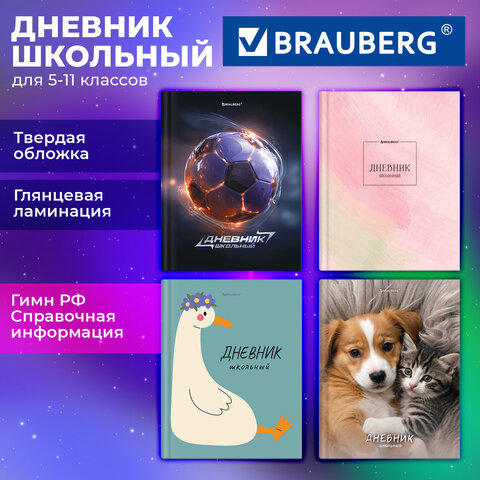 Дневник 5-11 класс 48 л., твердый, BRAUBERG, глянцевая ламинация, с подсказом, «МИКС»