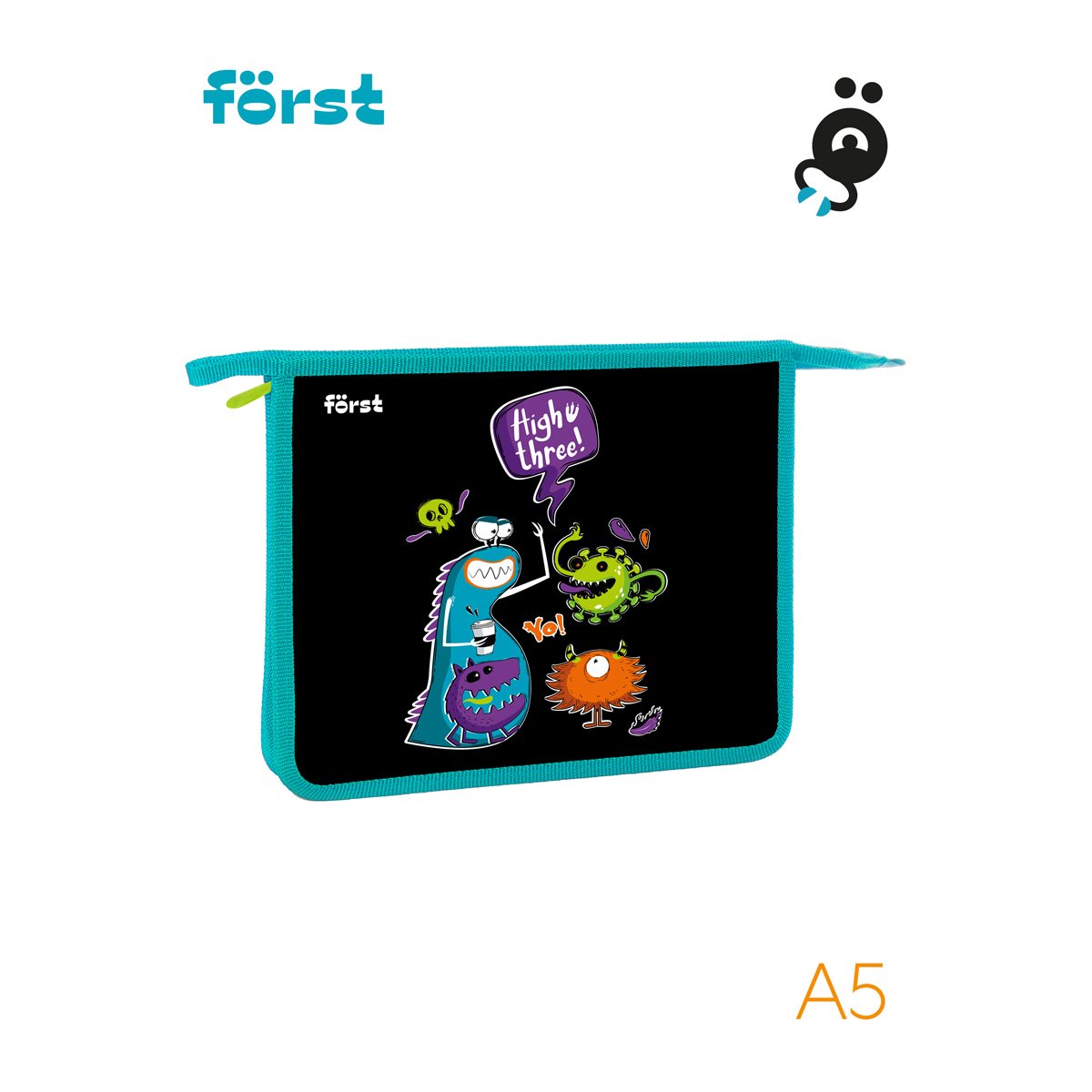Папка для тетрадей 1 отделение, А5, Först «Monster party», 240×205×40мм, пластик, на молнии