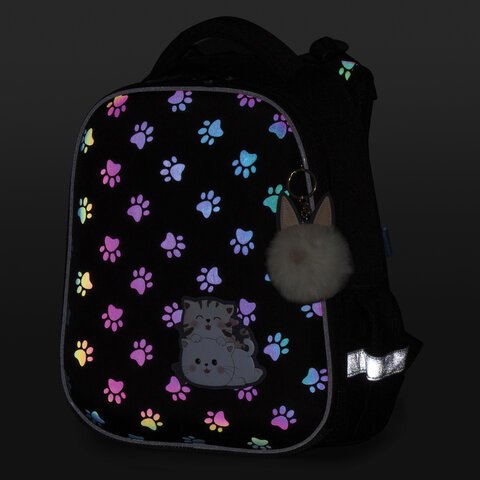 Ранец BRAUBERG LUMINOUS, 2 отделения, с брелоком, «Paws», СВЕТЯЩИЙСЯ РИСУНОК, 38×29х16 см