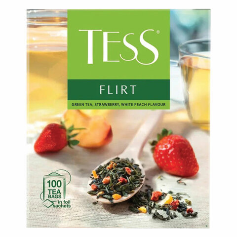 Чай TESS (Тесс) «Flirt», зеленый с клубникой и персиком, 100 пакетиков по 1.5 г