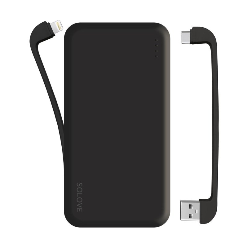 Внешний аккумулятор SOLOVE (Mi) W7 10000mAh Dual, встр.2каб USB, черный