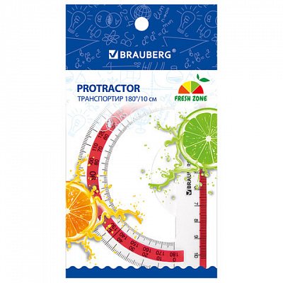 Транспортир 10 см BRAUBERG «FRESH ZONE»180 градусовпластикпрозрачныйкрасная шкала210760