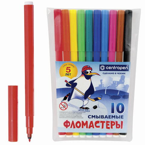 Фломастеры CENTROPEN, 10 цветов, «Пингвины», смываемые, вентилируемый колпачок, полибег