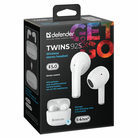 Наушники с микрофоном (гарнитура) DEFENDER TWINS 925, Bluetooth, беспроводные, белые, 