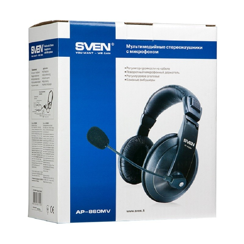 Наушники с микрофоном (гарнитура) SVEN AP-860MV, проводные, 2 м, с оголовьем, черные