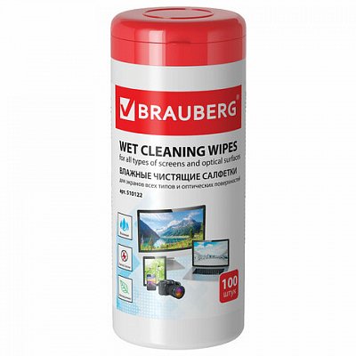 Чистящие салфетки BRAUBERG для экранов мониторов и оптических поверхностей, влажные, в тубе 100 шт. 