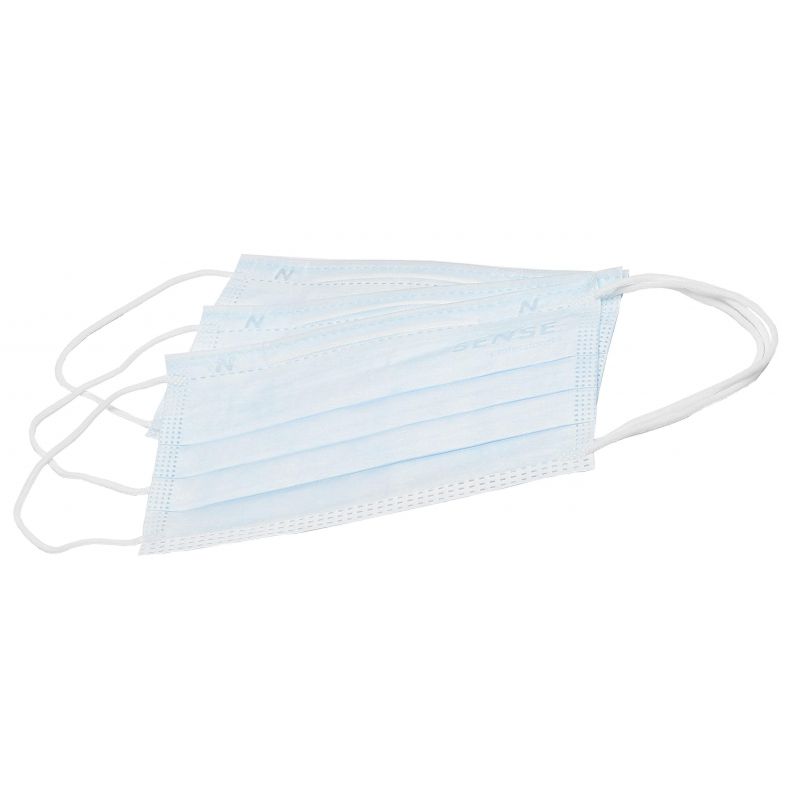 превью Маска медицинская 3-х сл., мельтб, резинки, голубая Sense, картон 50шт/уп