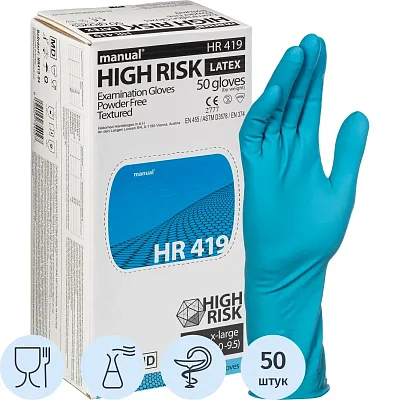 Перчатки мед. смотров. латекс, н/с, н/о, MANUAL HR419 High Risk XL 25пар, ПС
