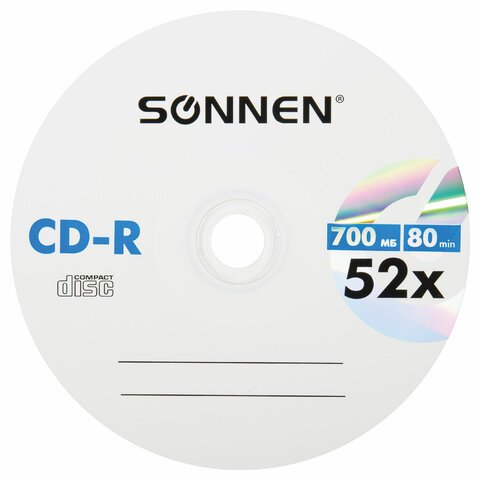 Диски CD-R SONNEN 700Mb 52x Cake Box (упаковка на шпиле) КОМПЛЕКТ 100шт