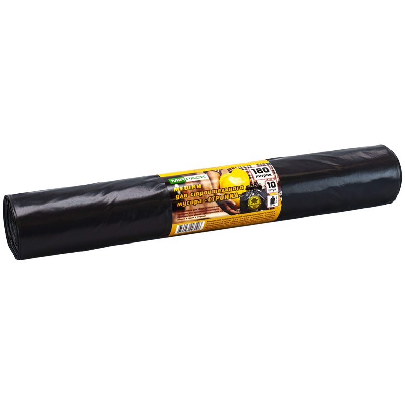превью Мешки для мусора 180л Mirpack «Стройка» ПВД, 90×110см, 65мкм, 10шт., черные, в рулоне, для строитель