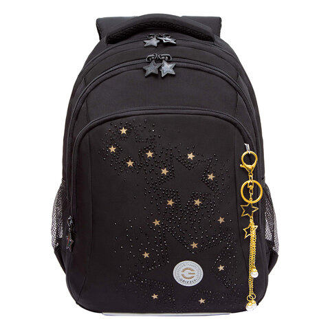 Рюкзак GRIZZLY школьный, анатомическая спинка, 3 отделения, для девочек, «GOLDEN&BLACK», 40×27х20 см