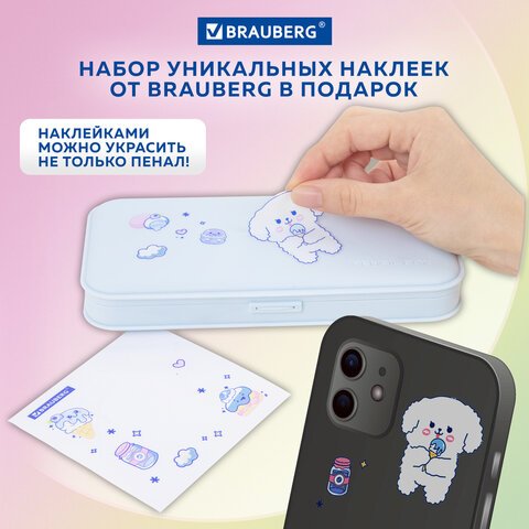 Пенал пластиковый BRAUBERG, пастельный голубой, наклейки в комплекте, 21×9х3 см
