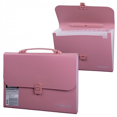 Портфель пластиковый BRAUBERG, А4, 327х254х30 мм, стандартная фактура, 13 отделений, пластиковый индекс, розовый