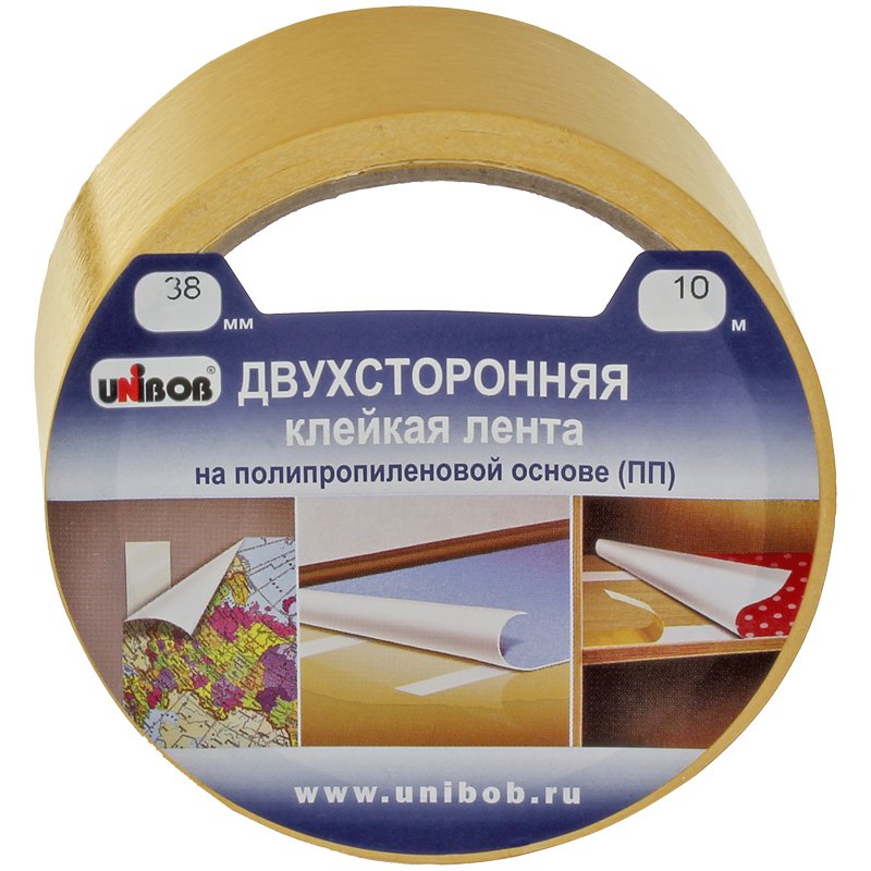 Клейкая лента двухсторонняя, 38 мм х 10 м, UNIBOB, основа - полипропилен, упаковка с европодвесом