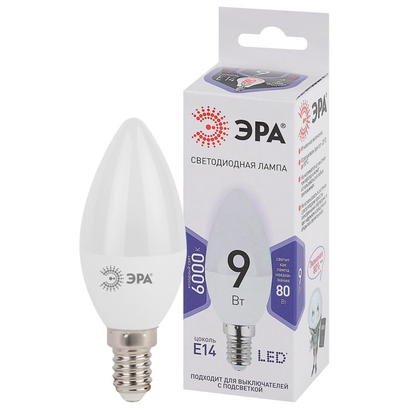 Лампа светодиодная ЭРА STD LED B35-9W-860-E14 E14 / Е14 9Вт холодный свет