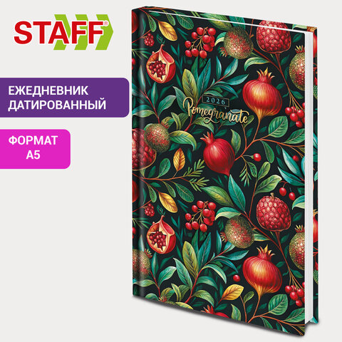 Ежедневник датированный 2026 145×215 мм, А5, STAFF, ламинированная обложка, «Гранаты»