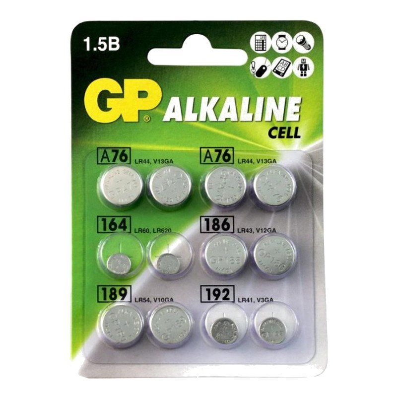 Батарейки GP (Джи-Пи) Alkaline, комплект 12 шт. (LR44 - 4 шт. ; LR60, LR43, LR54, LR41 по 2 шт. ), блистер, 1.5 В