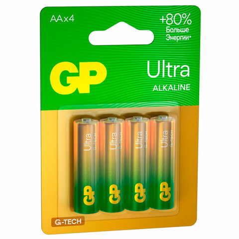 Батарейки КОМПЛЕКТ 4 шт., GP Ultra G-Tech, AA (LR6, 15А), алкалиновые, пальчиковые