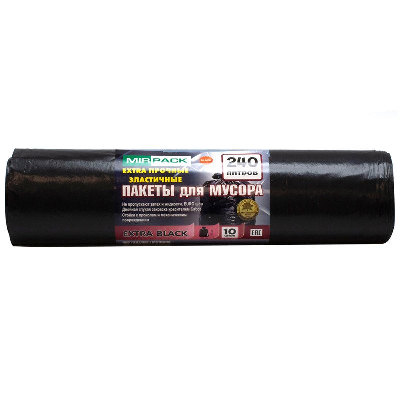 превью Мешки для мусора 240л Mirpack «Extra black» ПВД, 90×130см, 55мкм, 10шт., черные, в рулоне