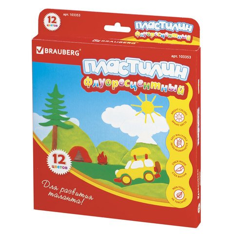 Пластилин BRAUBERG флуоресцентный, 12 цветов, 180 г, со стеком
