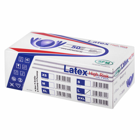 Перчатки латексные смотровыесверхпрочныеSFM HIGH RISK ULTRA25 пар (50 штук)размер L (большой)