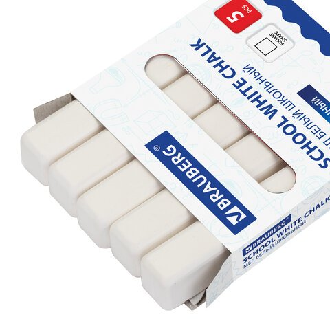 Мел белый BRAUBERG, набор 5 шт., для рисования на асфальте, квадратный