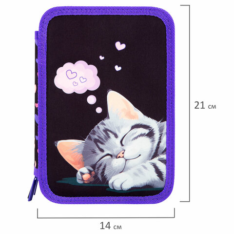 Пенал BRAUBERG, 3 отделения, полиэстер, 21×14 см, «Sleeping kitten»