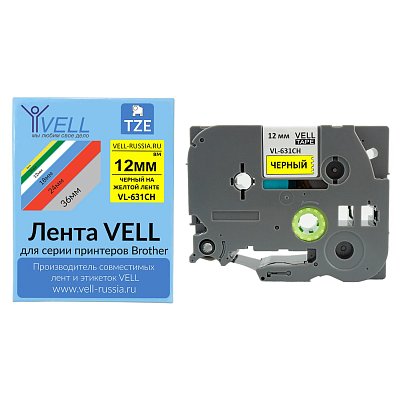 Картридж Vell VL-631CH(с чипом,12 мм, черный/желтом) для PT-100E/100ECH/D200