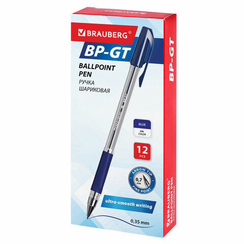 Ручка шариковая BRAUBERG «BP-GT», СИНЯЯ, корпус прозрачный, евронаконечник 0.7 мм, линия письма 0.35 мм