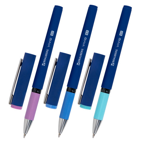 превью Ручка шариковая с грипом BRAUBERG «VIVID PASTEL», СИНЯЯ, SOFT TOUCH покрытие, узел 0.7 мм, линия письма 0.35 мм