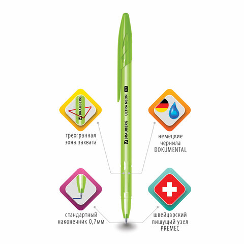 Ручка шариковая BRAUBERG «ULTRA NEON», СИНЯЯ, узел 0.7 мм, чернила ГЕРМАНИЯ, наконечник ШВЕЙЦАРИЯ