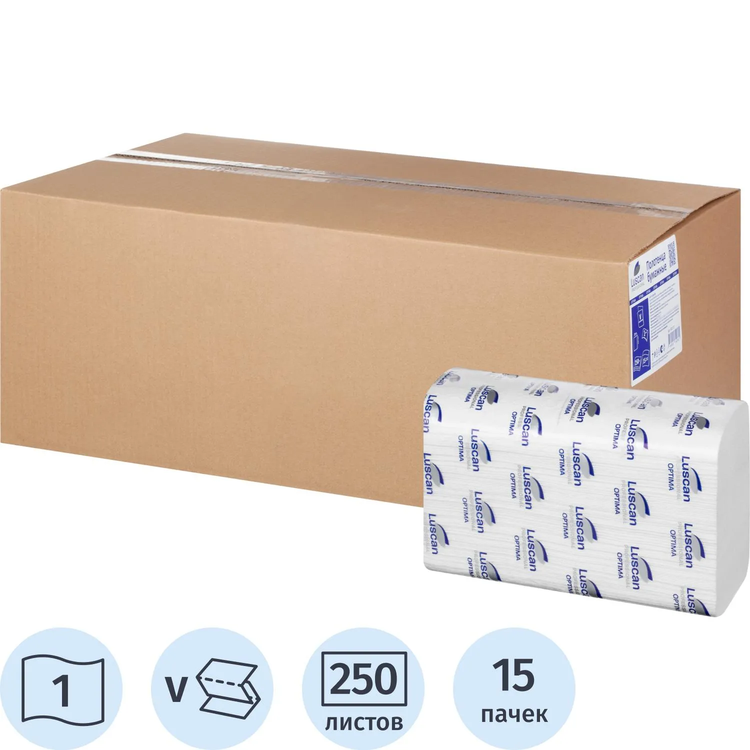 Полотенца бумажные листовые Luscan Professional H3 V-сложение (ZZ) 1-слойные белые 15 пачек по 250 листов