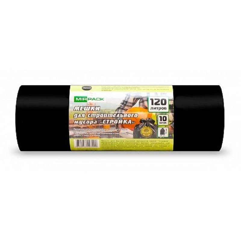 превью Мешки для мусора 120л Mirpack «Стройка» ПВД, 70×110см, 70 мкм, 10шт., черные, в рулоне, для строител