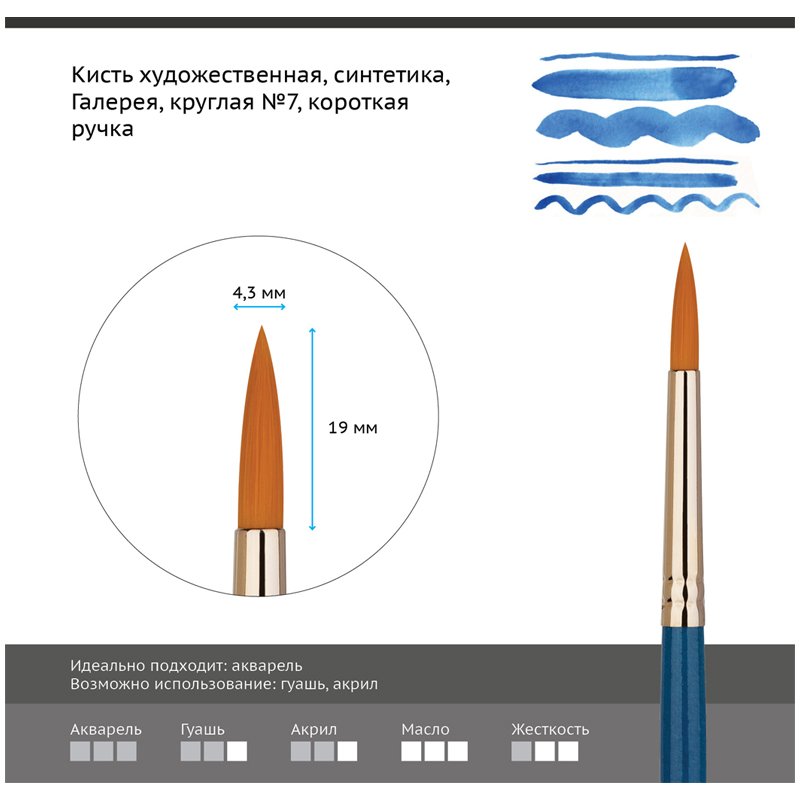 Кисть художественная синтетика Гамма «Галерея», круглая №7, короткая ручка