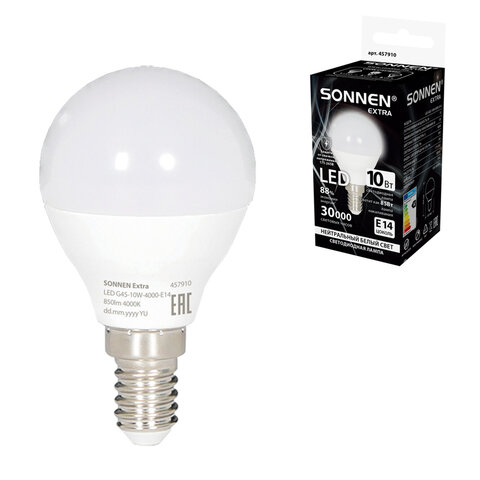 превью Лампа светодиодная SONNEN EXTRA,10 (85) Вт, E14, шар, нейтральный белый, 30000 ч, LED G45-10W-4000-Е14