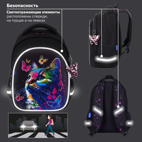 Рюкзак BRAUBERG OPTIMA, 2 отделения, с брелоком, «Butterfly catcher», СВЕТЯЩИЙСЯ, 36×27х18 см