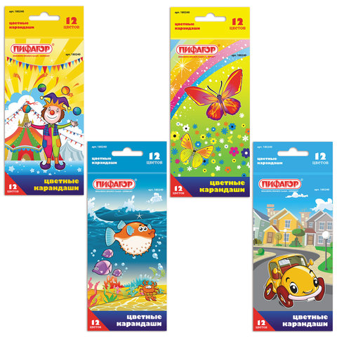 Карандаши цветные ПИФАГОР 12 цв., заточенные, карт. упак., дизайн