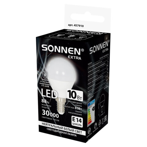 Лампа светодиодная SONNEN EXTRA,10 (85) Вт, E14, шар, нейтральный белый, 30000 ч, LED G45-10W-4000-Е14