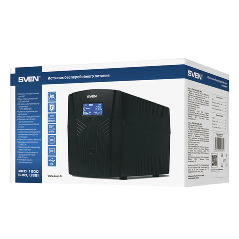 Источник бесперебойного питания SVEN Pro 1500, 1500VA (900W), 3 евророзетки, 2 розетки RJ45