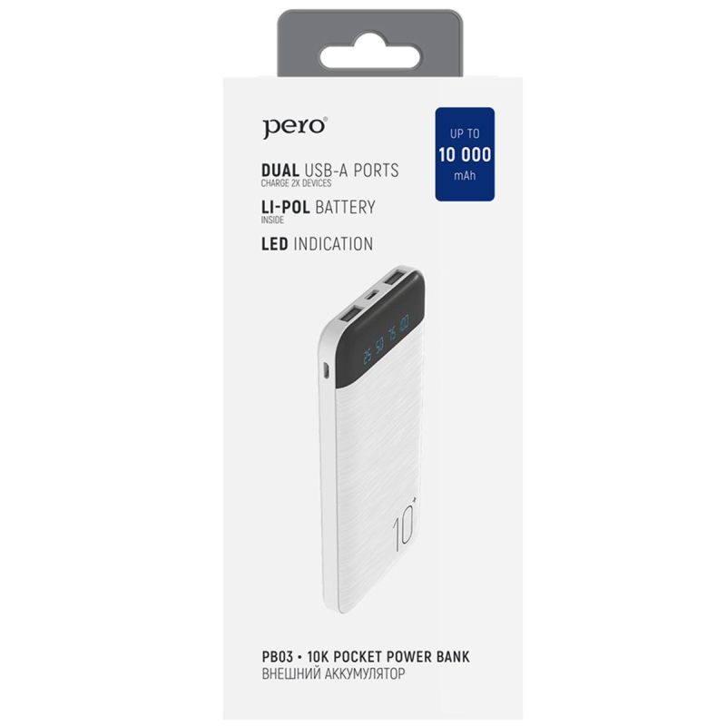 Внешний аккумулятор PERO PB03 10000 mAh, Li-Pol, output 2xUSB-A 2.1A, белый