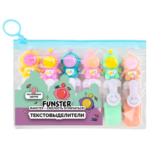 Набор текстовыделителей с топперами 6 ЦВЕТОВ ПАСТЕЛЬ, «КОСМО», линия 1-4 мм, FUNSTER (ФАНСТЕР)