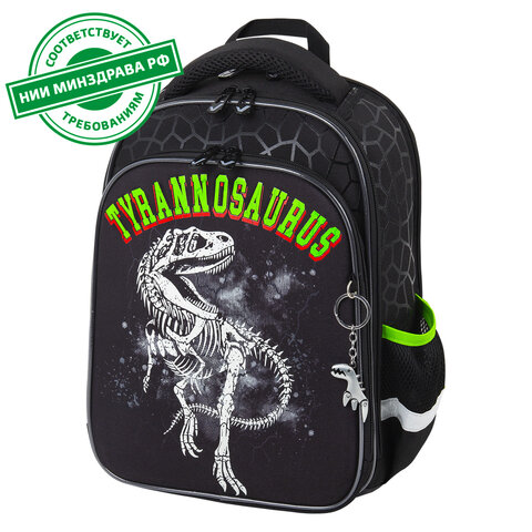 превью Ранец BRAUBERG QUADRO, 3 отделения, с брелком, «Tyrannosaur», светящийся рисунок, 37×28х18 см