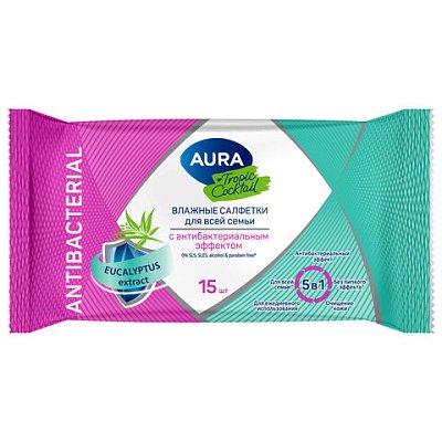 Салфетки влажные 15 шт, AURA Tropic Cocktail c антибактериальным эффектом, ш/к 93967