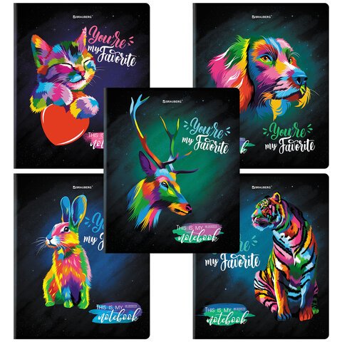 Тетрадь А5, 48 л., BRAUBERG, скоба, клетка, матовая ламинация, выборочный лак, «Animals Pop-Art»