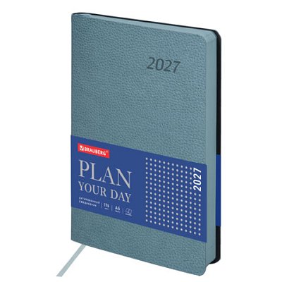 Ежедневник датированный 2027, А5, 138×213 мм, BRAUBERG «Stylish», под кожу, гибкий, серо-голубой