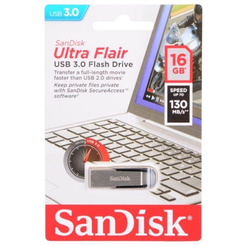 Флэш-диск 16 GB, SANDISK Ultra Flair, USB 3.0, металлический корпус, серебристый