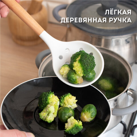 Набор силиконовых кухонных принадлежностей с деревянными ручками 12 в 1молочныйDASWERK608193