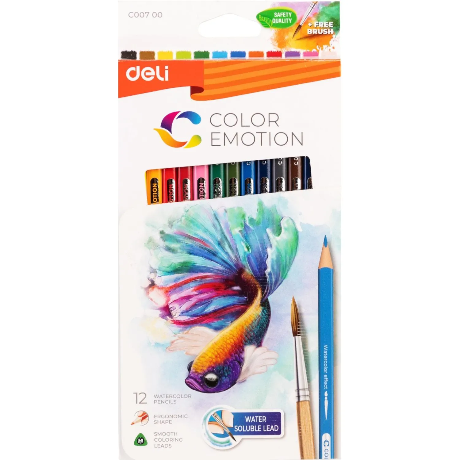 Карандаши цветные акварельные Deli Color Emotion трехгранные 12 цветов с кистью